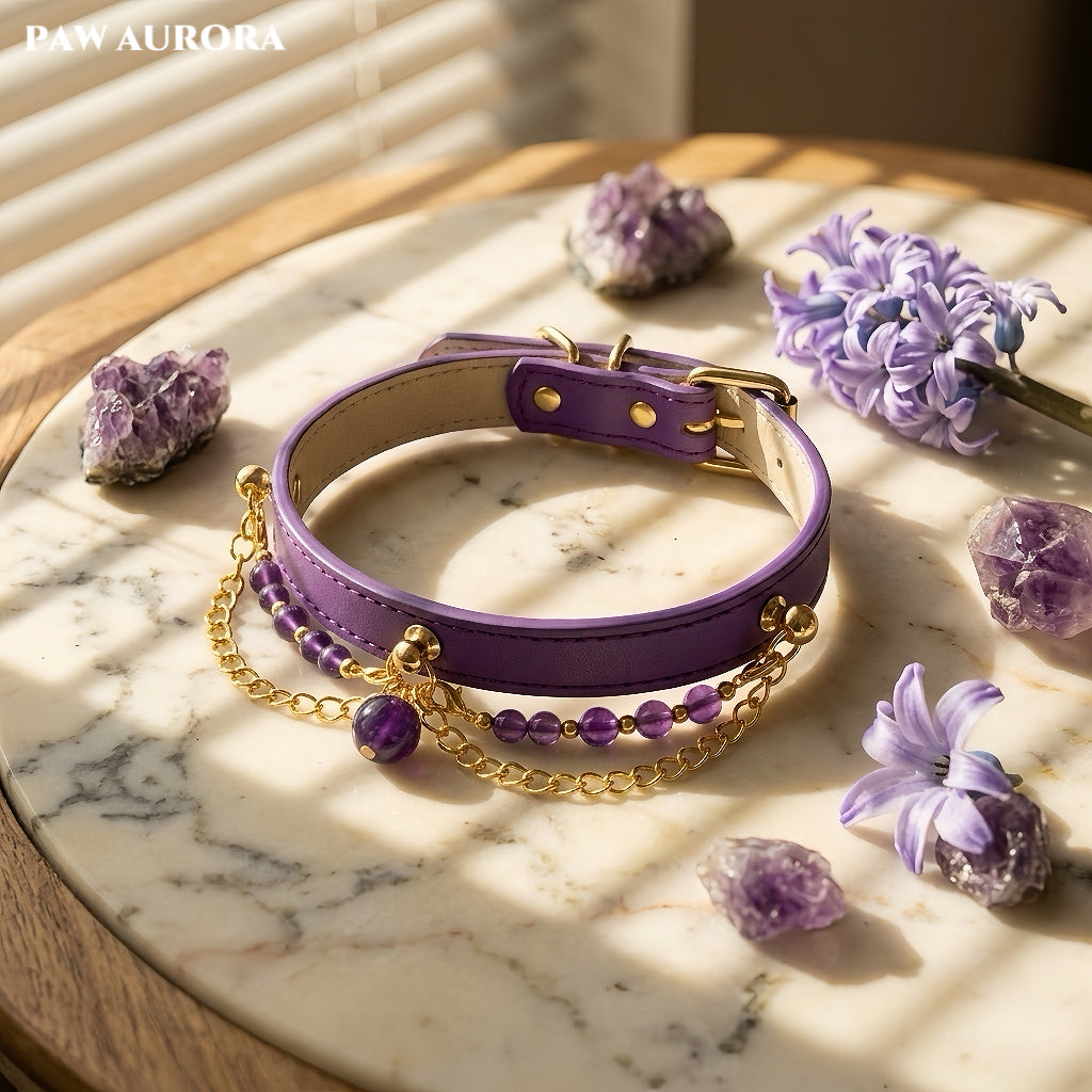 Collier détachable en cuir bohème avec cristaux pour chiens et chats | Ras du cou perlé de créateur avec boucle réglable, style bijoux exotiques pour usage quotidien et photos