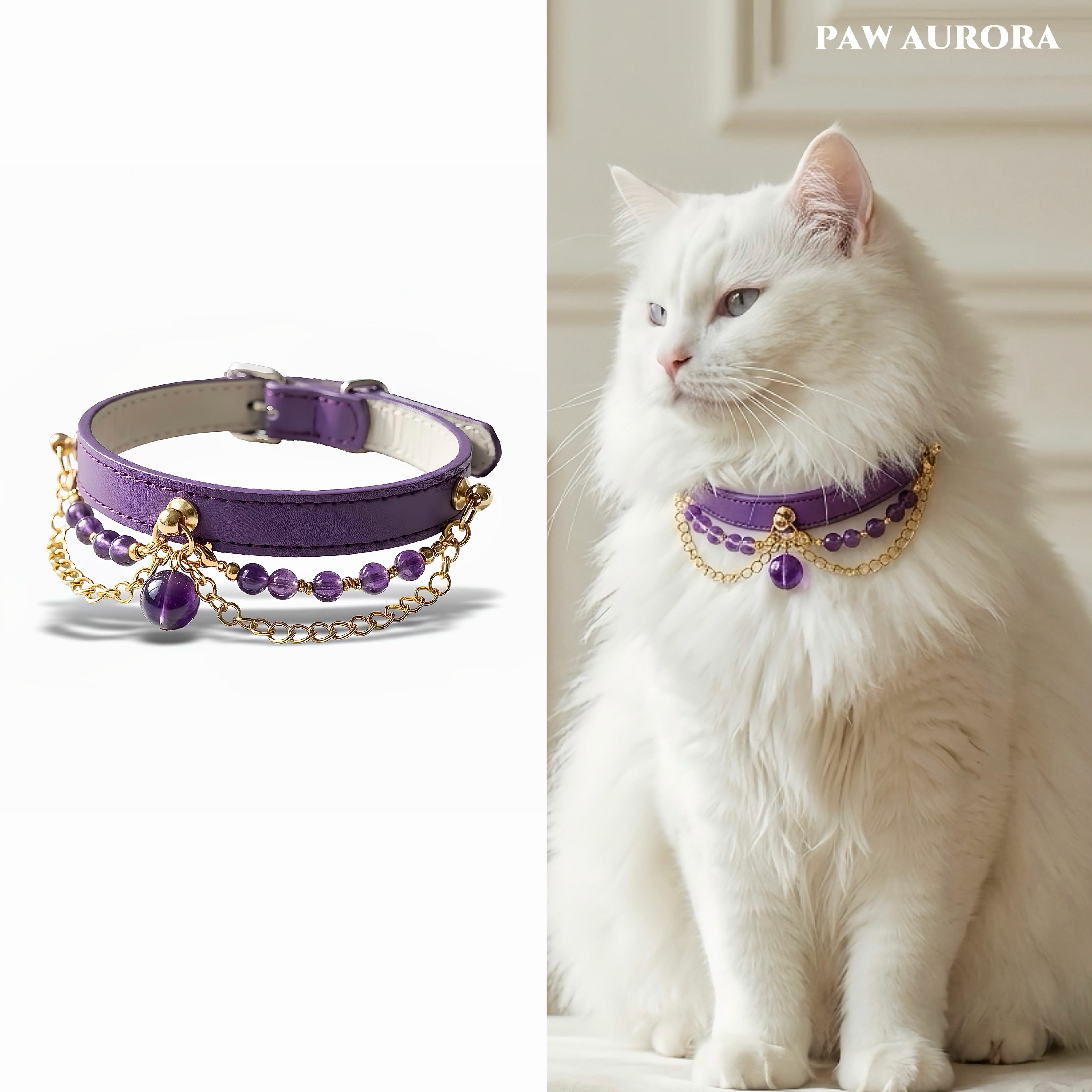 Collier détachable en cuir bohème avec cristaux pour chiens et chats | Ras du cou perlé de créateur avec boucle réglable, style bijoux exotiques pour usage quotidien et photos