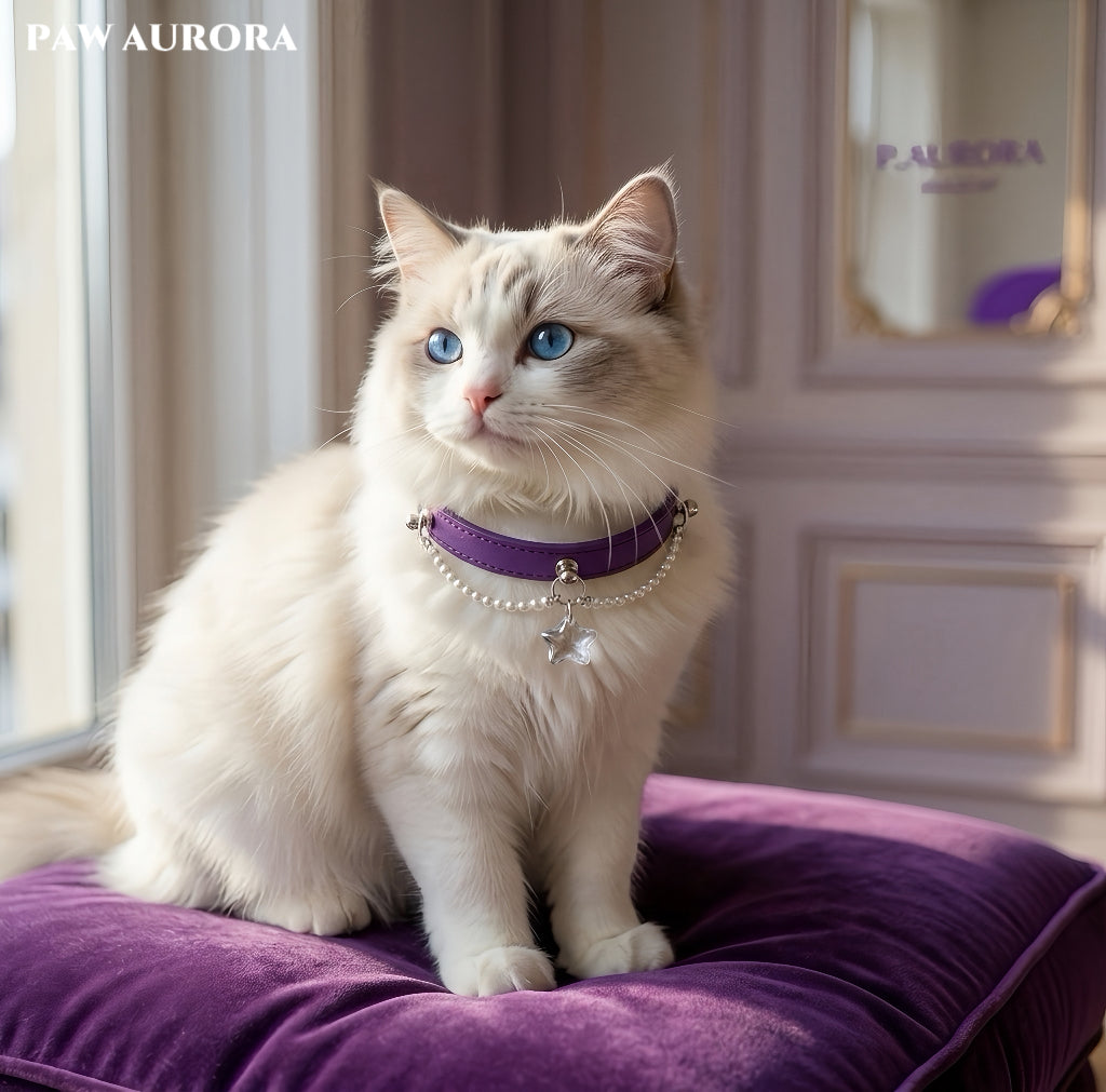 PAW AURORA Starry Pact | Purple Collar with White Crystal & Pearl