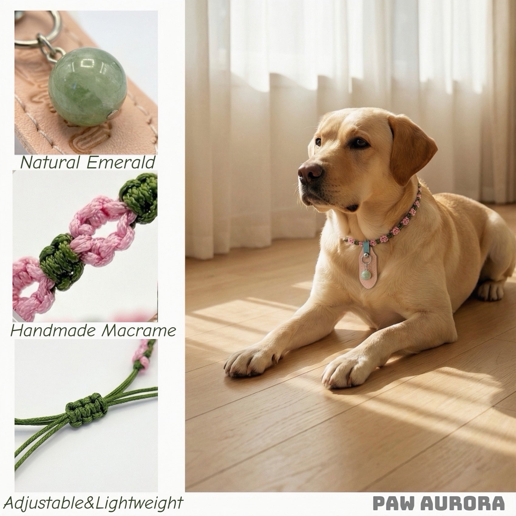 Collier pour animaux de compagnie fait main original | Cristal naturel et fil Yu tressé (émeraude)