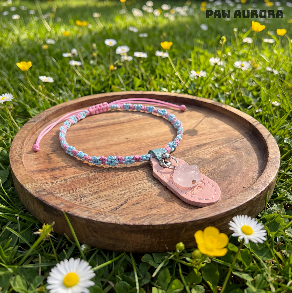 Collier Artisanal Original pour Animaux de Compagnie|Cristal Naturel de Guérison & Ligne Yu Tressée (Quartz Rose)