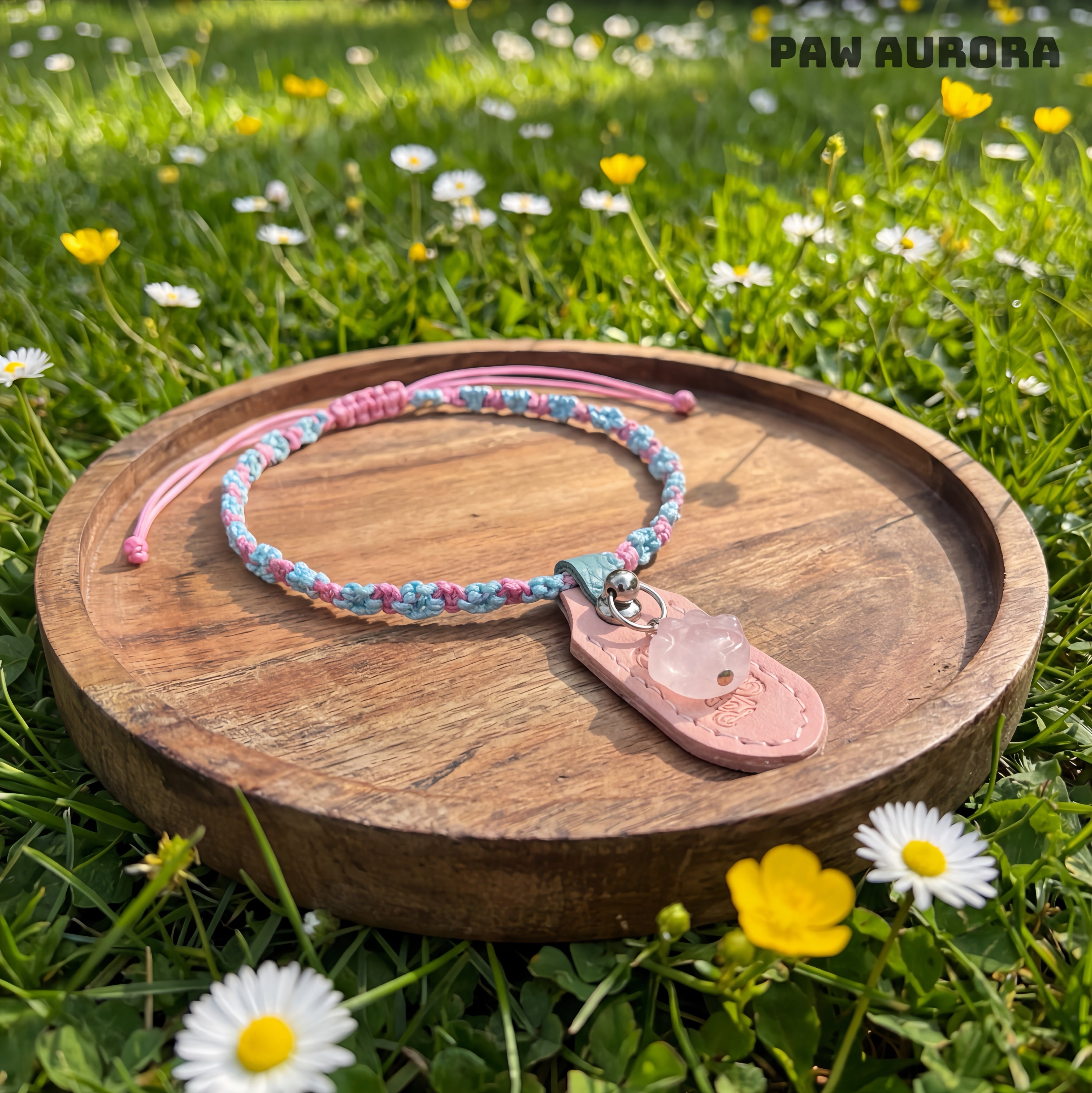 Collier Artisanal Original pour Animaux de Compagnie|Cristal Naturel de Guérison & Ligne Yu Tressée (Quartz Rose)