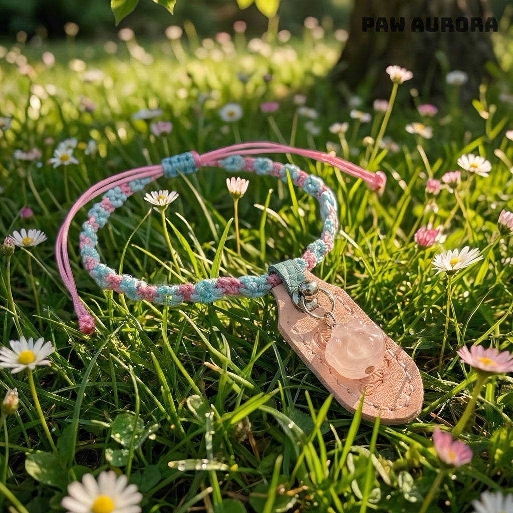 Collier Artisanal Original pour Animaux de Compagnie|Cristal Naturel de Guérison & Ligne Yu Tressée (Quartz Rose)
