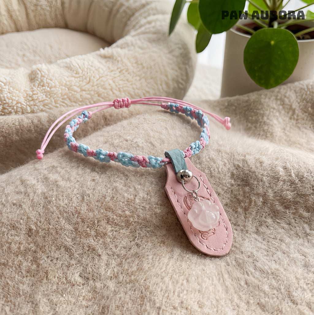 Collier Artisanal Original pour Animaux de Compagnie|Cristal Naturel de Guérison & Ligne Yu Tressée (Quartz Rose)