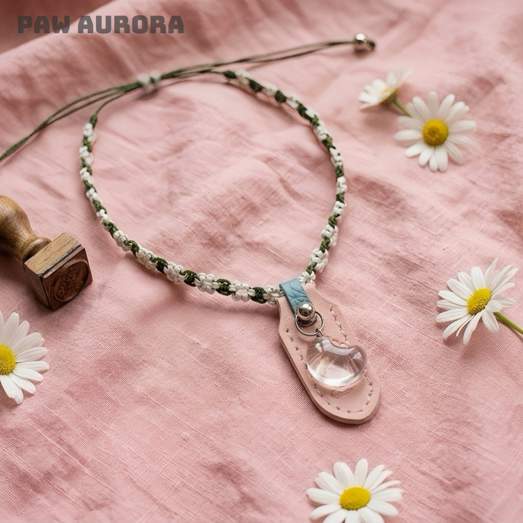 Collier pour animaux de compagnie fait main original | Cristal naturel et ligne de yu tressée (quartz clair)