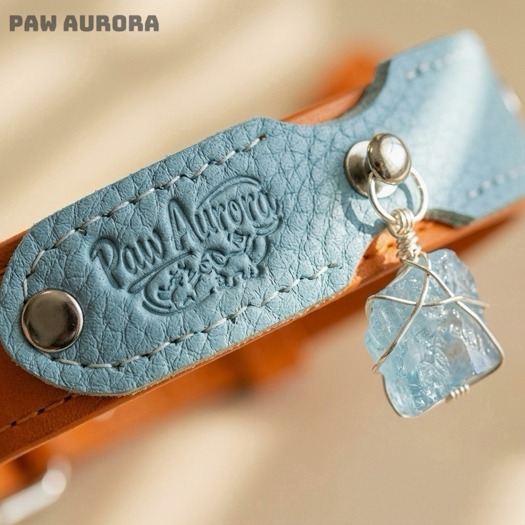 Collection Mobius - Collier pour animaux de compagnie fait main original avec cristal naturel (Aigue-marine)