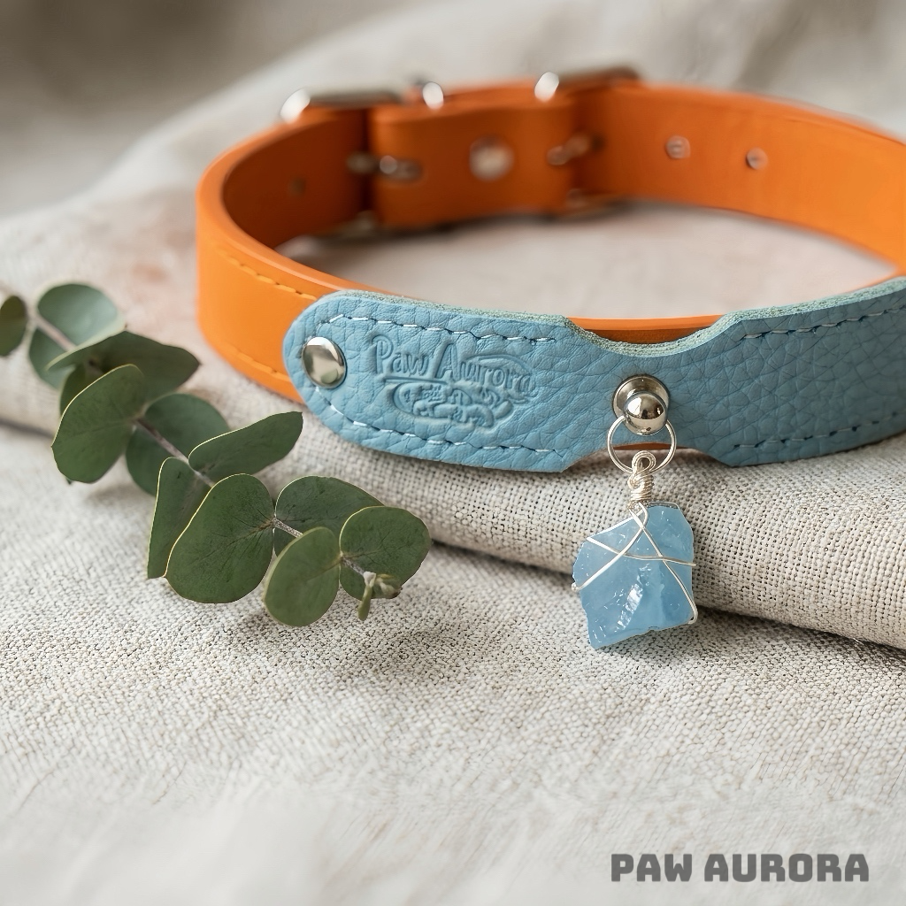 Collection Mobius - Collier pour animaux de compagnie fait main original avec cristal naturel (Aigue-marine)
