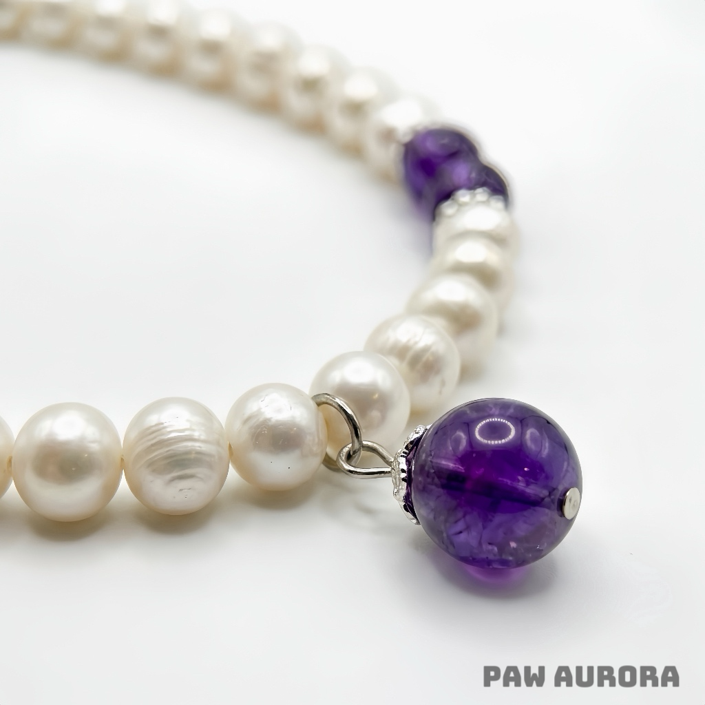 Lingxi Zi Lu · Élégant Collier pour Animaux de Compagnie | Améthyste Violette Naturelle & Perle | Réputé pour Favoriser le Calme et l'Intuition | Sûr et Non Toxique pour Chiens et Chats