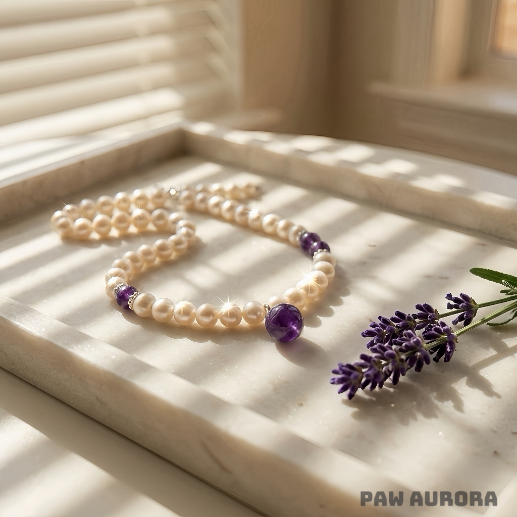Lingxi Zi Lu · Élégant Collier pour Animaux de Compagnie | Améthyste Violette Naturelle & Perle | Réputé pour Favoriser le Calme et l'Intuition | Sûr et Non Toxique pour Chiens et Chats