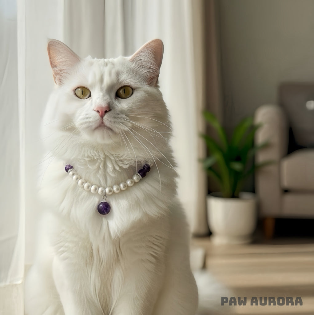 Lingxi Zi Lu · Élégant Collier pour Animaux de Compagnie | Améthyste Violette Naturelle & Perle | Réputé pour Favoriser le Calme et l'Intuition | Sûr et Non Toxique pour Chiens et Chats