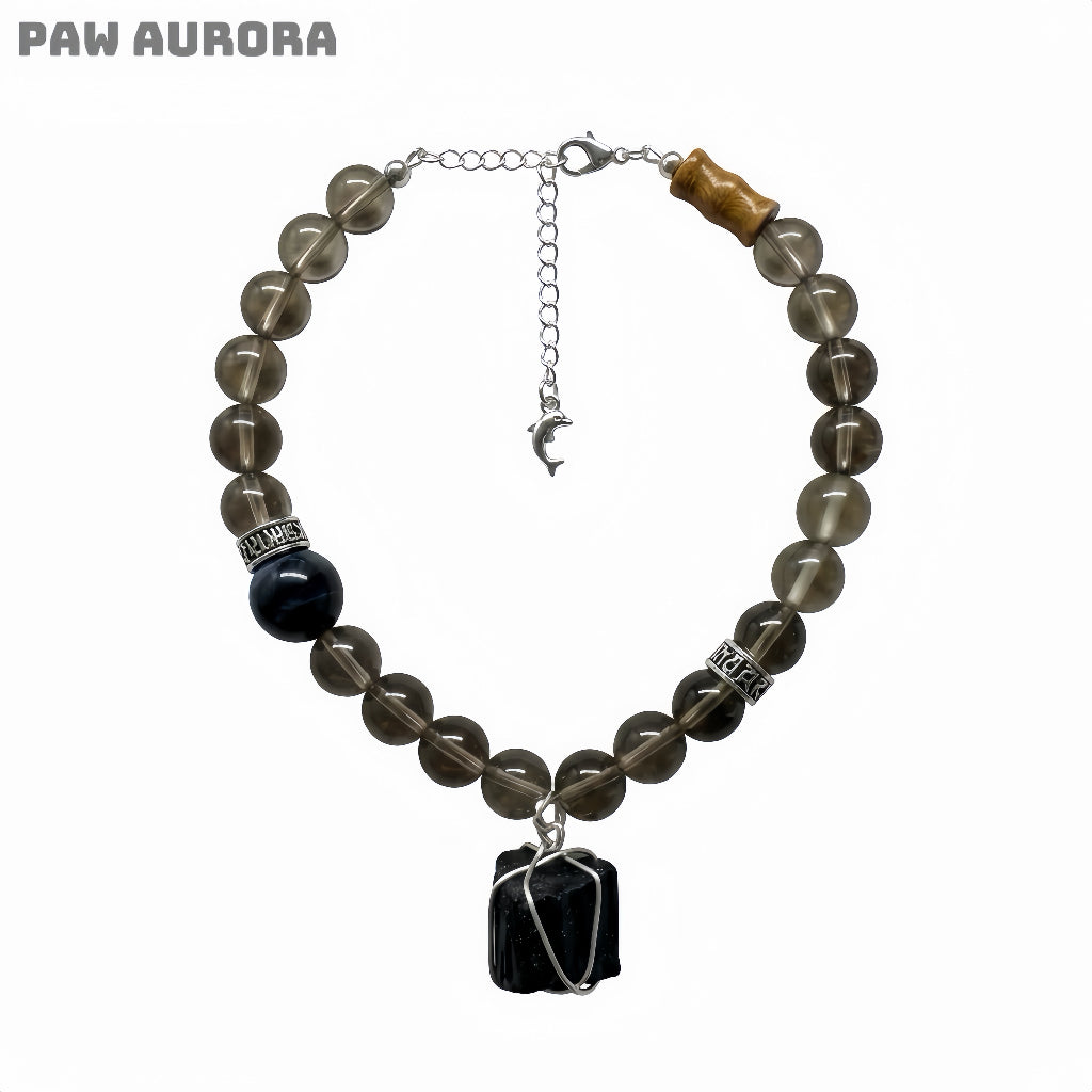 Collier pour animaux de compagnie en pierre brute naturelle | Tourmaline noire et œil de tigre bleu | Collier réglable en cristaux pour chiens et chats | Ensemble assorti humain-animal | Bijoux de style gothique