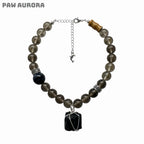 Collier pour animaux de compagnie en pierre brute naturelle | Tourmaline noire et œil de tigre bleu | Collier réglable en cristaux pour chiens et chats | Ensemble assorti humain-animal | Bijoux de style gothique