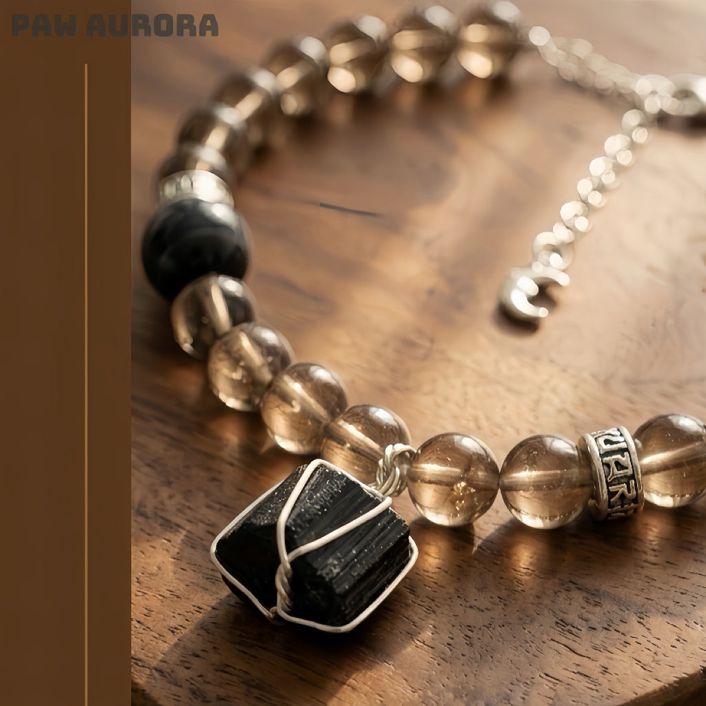 Collier pour animaux de compagnie en pierre brute naturelle | Tourmaline noire et œil de tigre bleu | Collier réglable en cristaux pour chiens et chats | Ensemble assorti humain-animal | Bijoux de style gothique