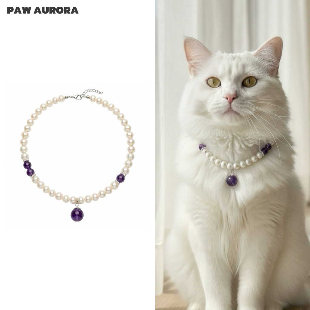 Lingxi Zi Lu · Élégant Collier pour Animaux de Compagnie | Améthyste Violette Naturelle & Perle | Réputé pour Favoriser le Calme et l'Intuition | Sûr et Non Toxique pour Chiens et Chats