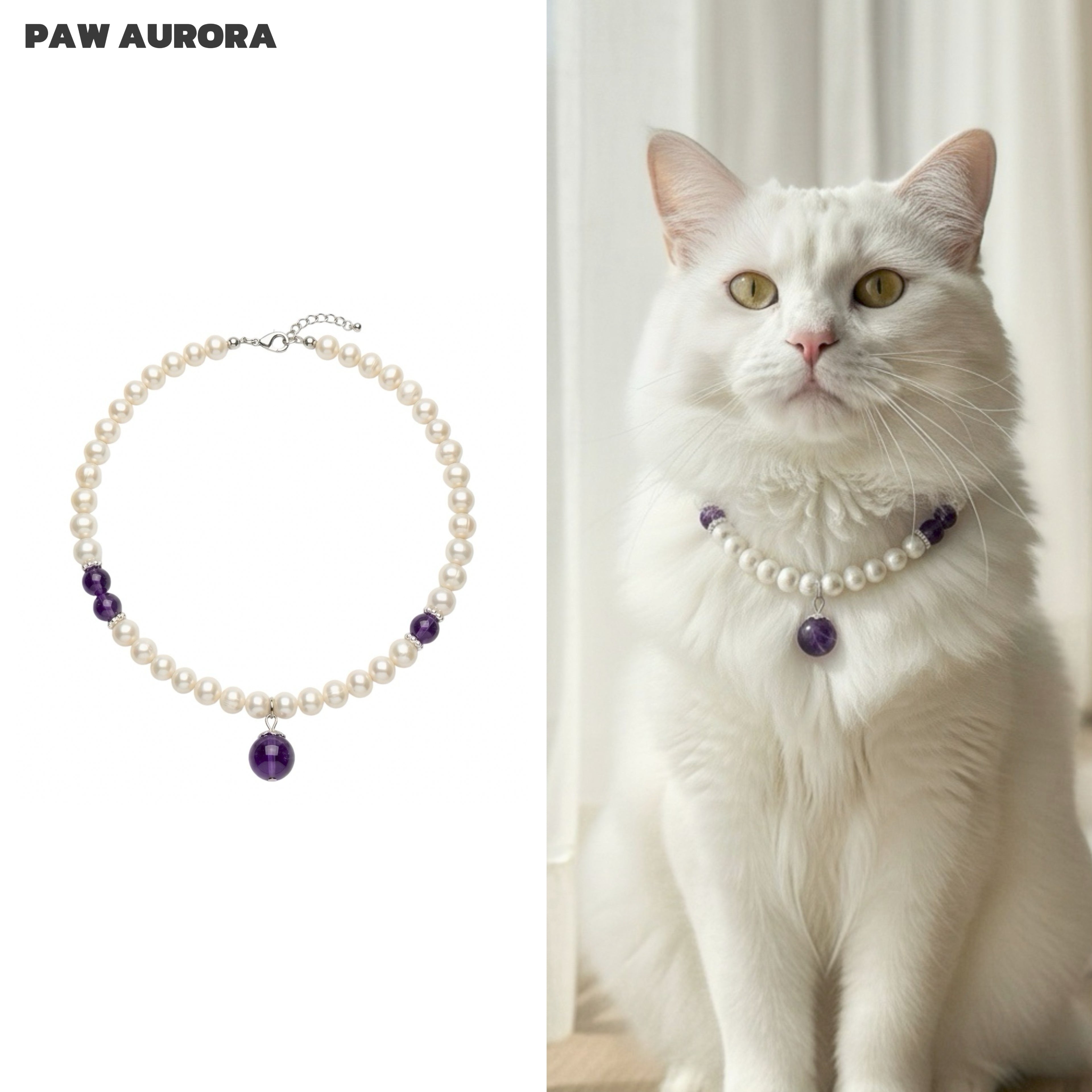 Lingxi Zi Lu · Élégant Collier pour Animaux de Compagnie | Améthyste Violette Naturelle & Perle | Réputé pour Favoriser le Calme et l'Intuition | Sûr et Non Toxique pour Chiens et Chats