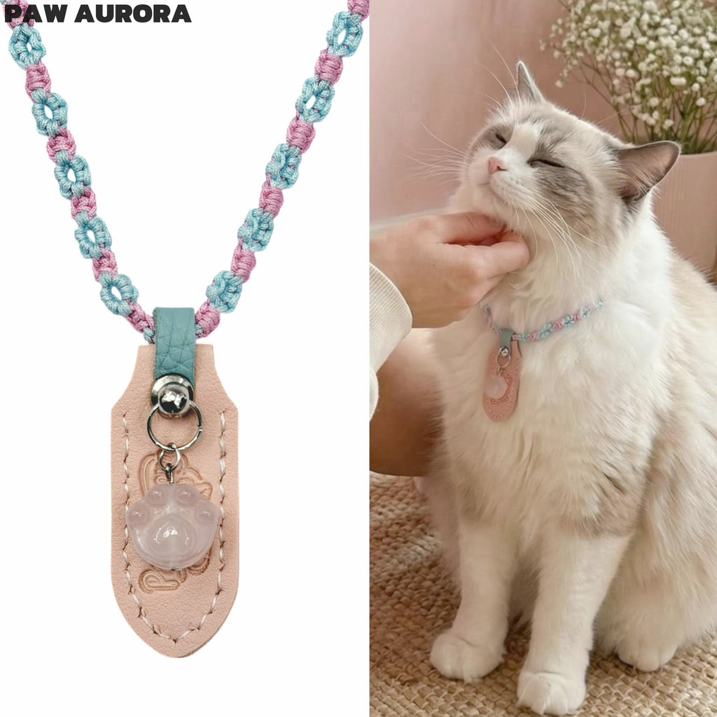 Collier Artisanal Original pour Animaux de Compagnie|Cristal Naturel de Guérison & Ligne Yu Tressée (Quartz Rose)