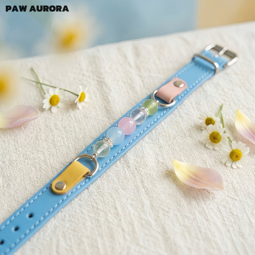Collier en cristal fait main PAW AURORA pour chiens et chats – Collier en cuir au design original pour animaux de compagnie avec pierres précieuses naturelles en bleu de Prusse