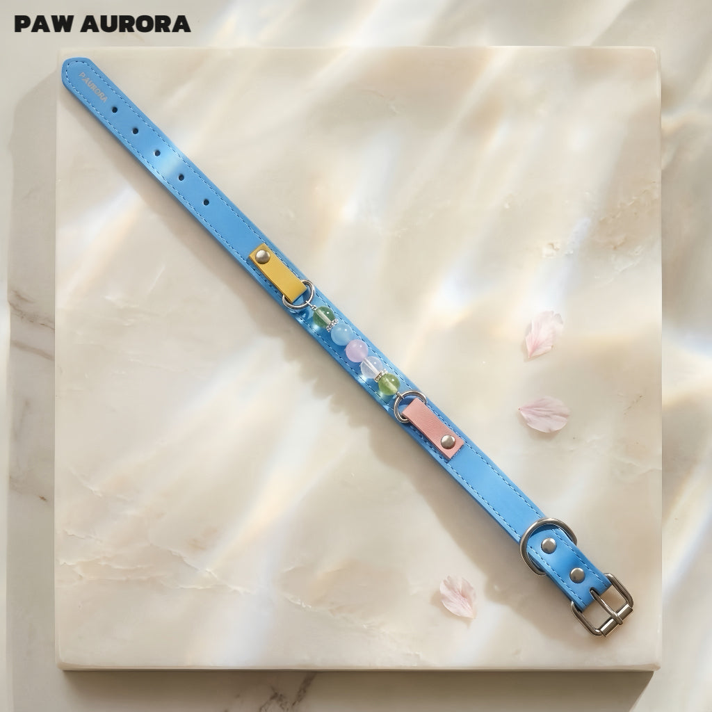 Collier en cristal fait main PAW AURORA pour chiens et chats – Collier en cuir au design original pour animaux de compagnie avec pierres précieuses naturelles en bleu de Prusse