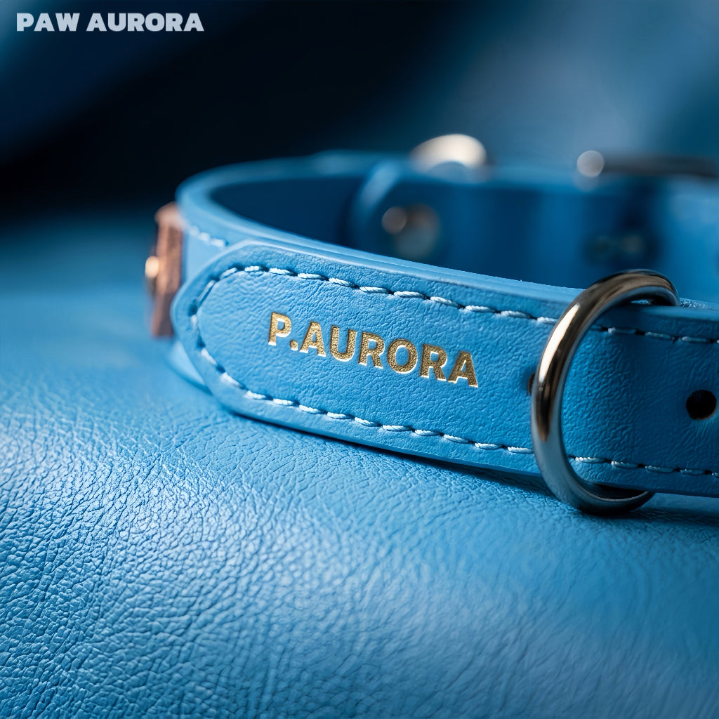 Collier en cristal fait main PAW AURORA pour chiens et chats – Collier en cuir au design original pour animaux de compagnie avec pierres précieuses naturelles en bleu de Prusse