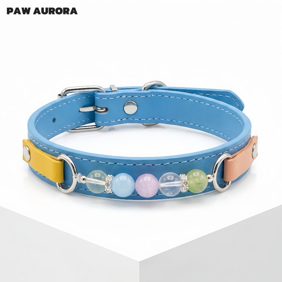 Collier en cristal fait main PAW AURORA pour chiens et chats – Collier en cuir au design original pour animaux de compagnie avec pierres précieuses naturelles en bleu de Prusse