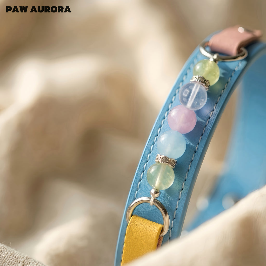 Collier en cristal fait main PAW AURORA pour chiens et chats – Collier en cuir au design original pour animaux de compagnie avec pierres précieuses naturelles en bleu de Prusse