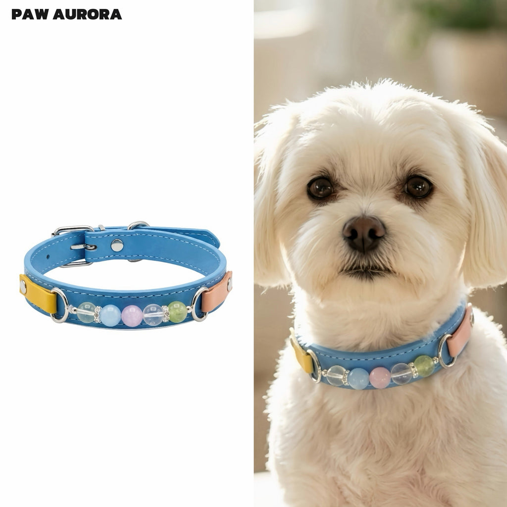 Collier en cristal fait main PAW AURORA pour chiens et chats – Collier en cuir au design original pour animaux de compagnie avec pierres précieuses naturelles en bleu de Prusse