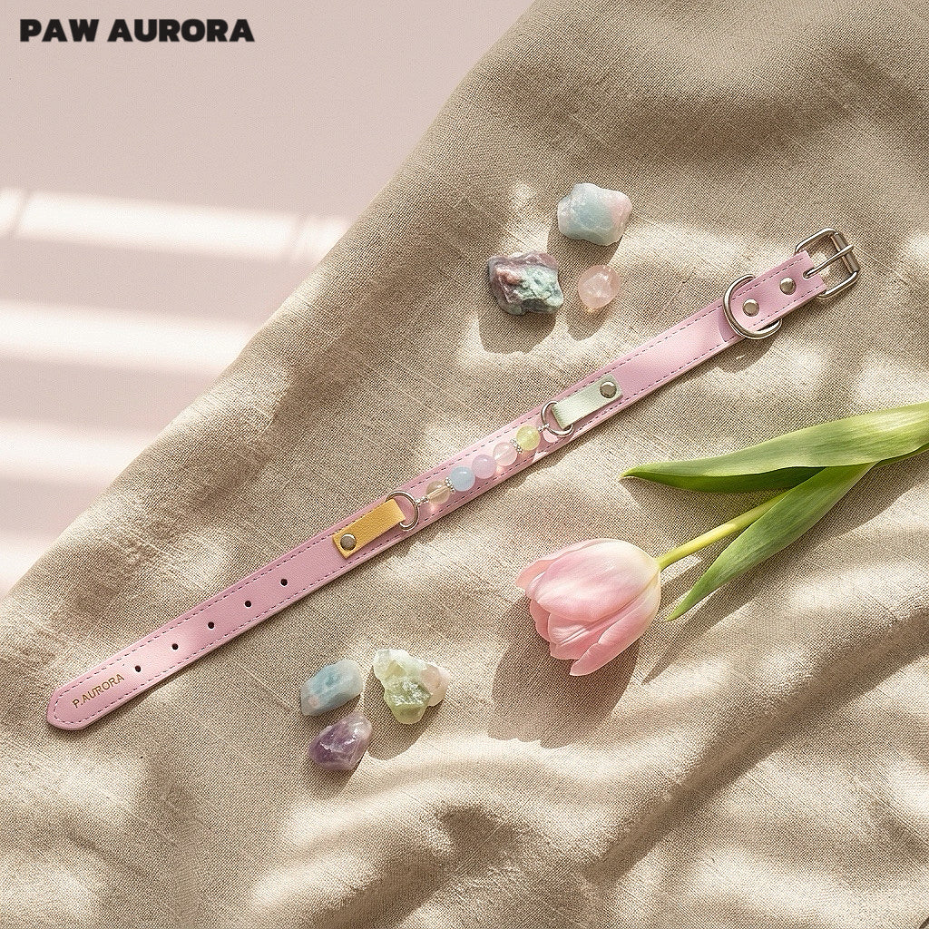 Collier pour chiens et chats PAW AURORA fait à la main en cristal – Collier original en cuir pour animaux de compagnie avec pierres précieuses naturelles roses
