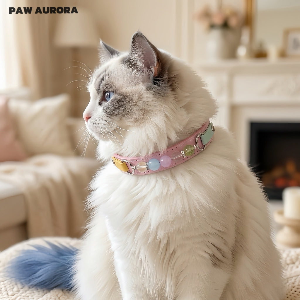 Collier pour chiens et chats PAW AURORA fait à la main en cristal – Collier original en cuir pour animaux de compagnie avec pierres précieuses naturelles roses