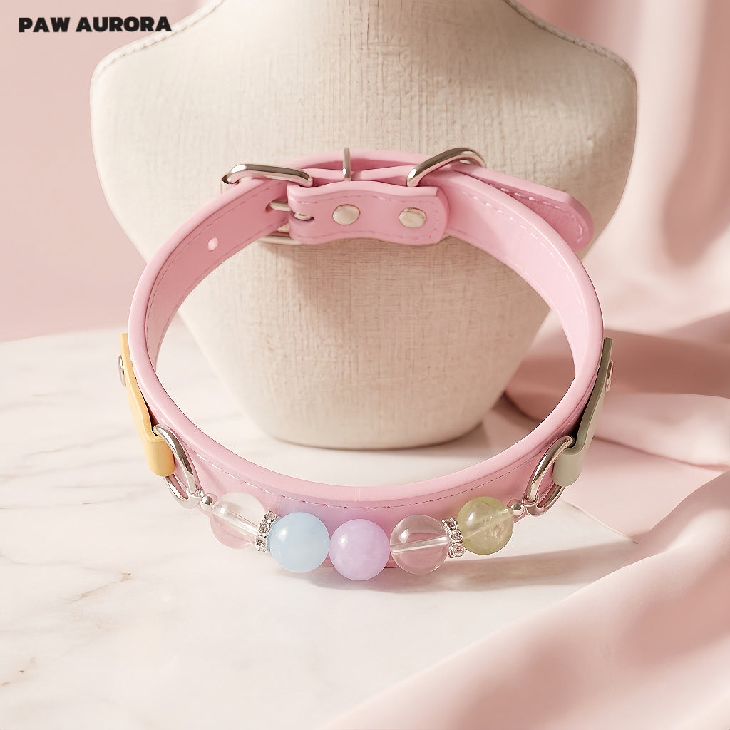 Collier pour chiens et chats PAW AURORA fait à la main en cristal – Collier original en cuir pour animaux de compagnie avec pierres précieuses naturelles roses
