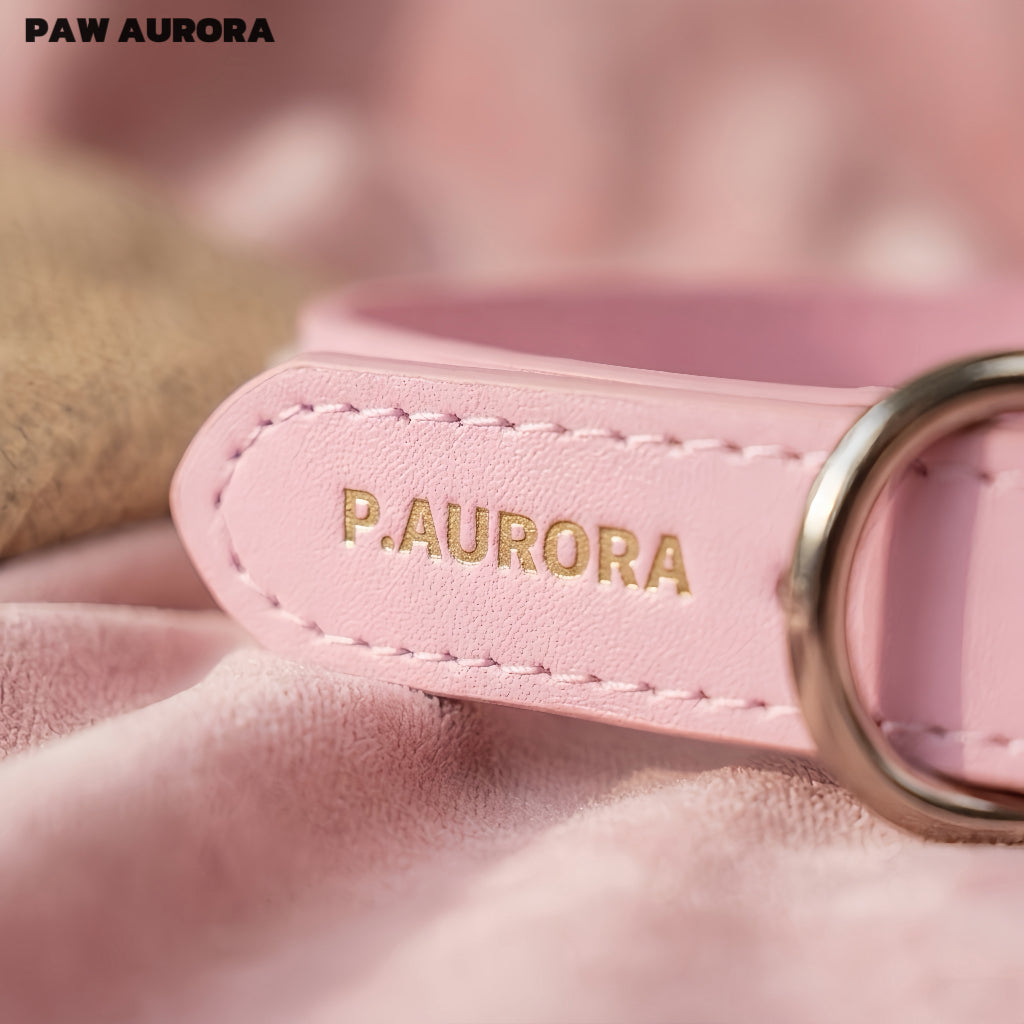 Collier pour chiens et chats PAW AURORA fait à la main en cristal – Collier original en cuir pour animaux de compagnie avec pierres précieuses naturelles roses