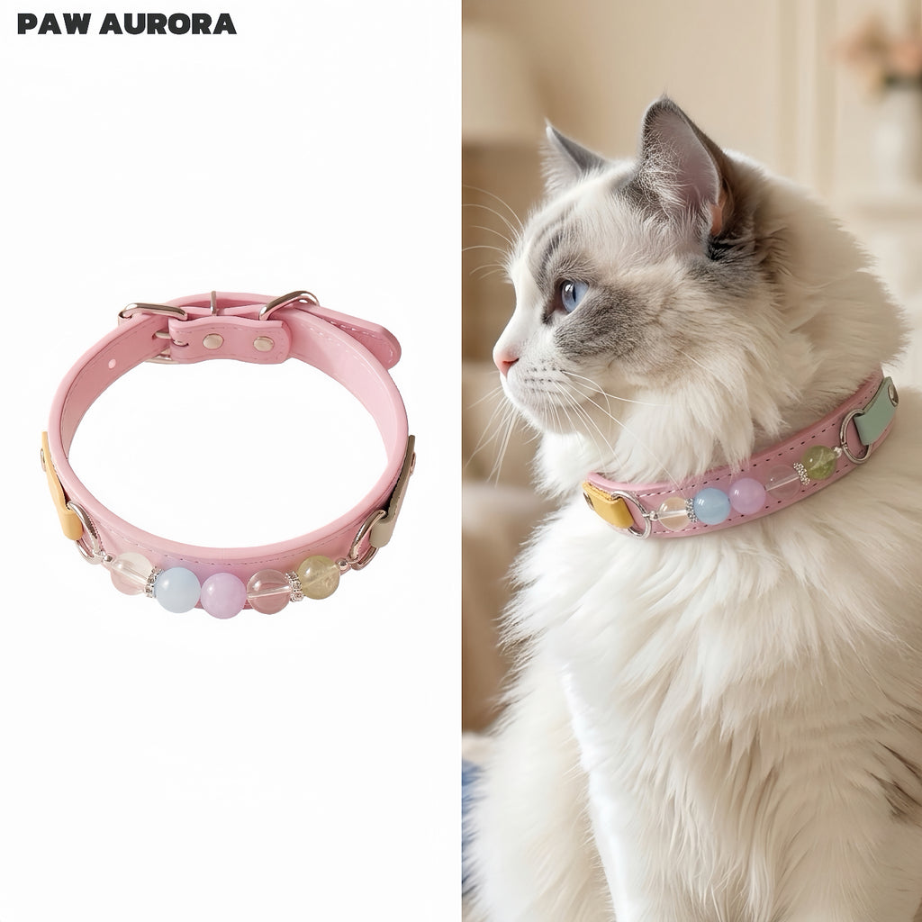 Collier pour chiens et chats PAW AURORA fait à la main en cristal – Collier original en cuir pour animaux de compagnie avec pierres précieuses naturelles roses