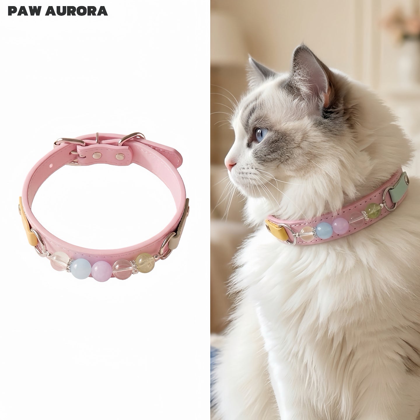 Collier pour chiens et chats PAW AURORA fait à la main en cristal – Collier original en cuir pour animaux de compagnie avec pierres précieuses naturelles roses