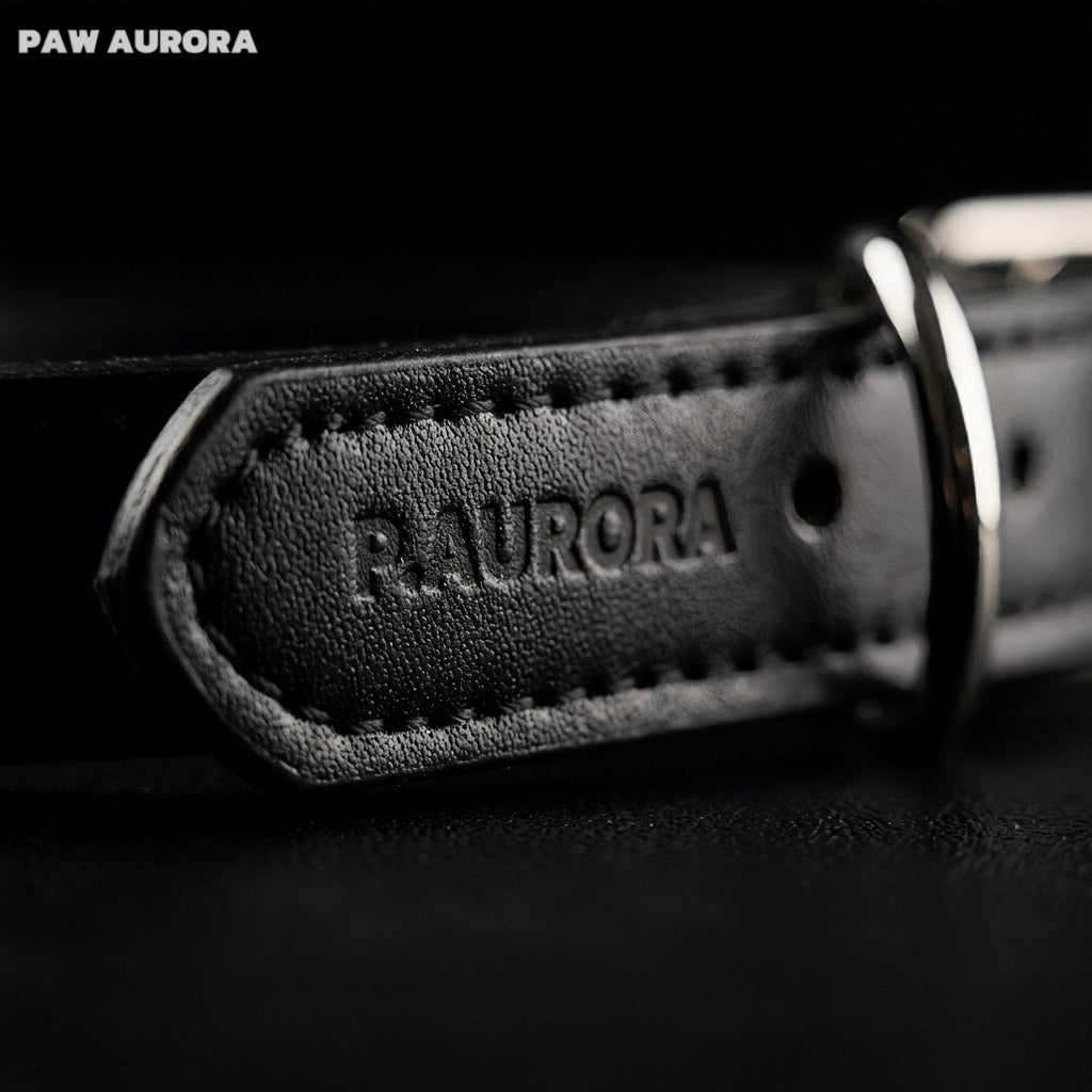 Collier pour chien PAW AURORA Twilight Abyss | Cuir noir fait main avec œil de tigre naturel et obsidienne | Collier pour animaux de compagnie à l'esthétique sombre