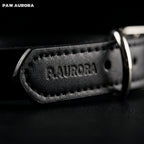 Collier pour chien PAW AURORA Twilight Abyss | Cuir noir fait main avec œil de tigre naturel et obsidienne | Collier pour animaux de compagnie à l'esthétique sombre