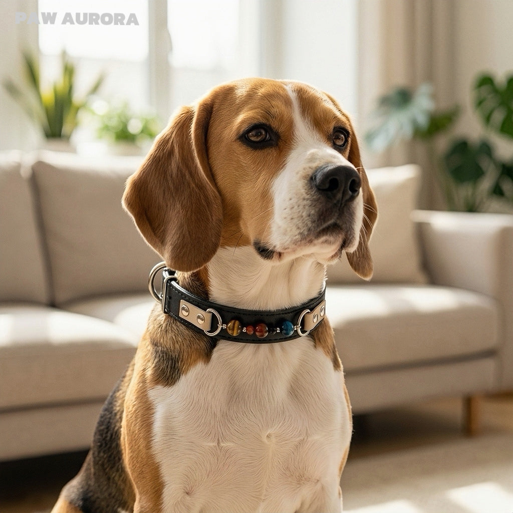 Collier pour chien PAW AURORA Twilight Abyss | Cuir noir fait main avec œil de tigre naturel et obsidienne | Collier pour animaux de compagnie à l'esthétique sombre