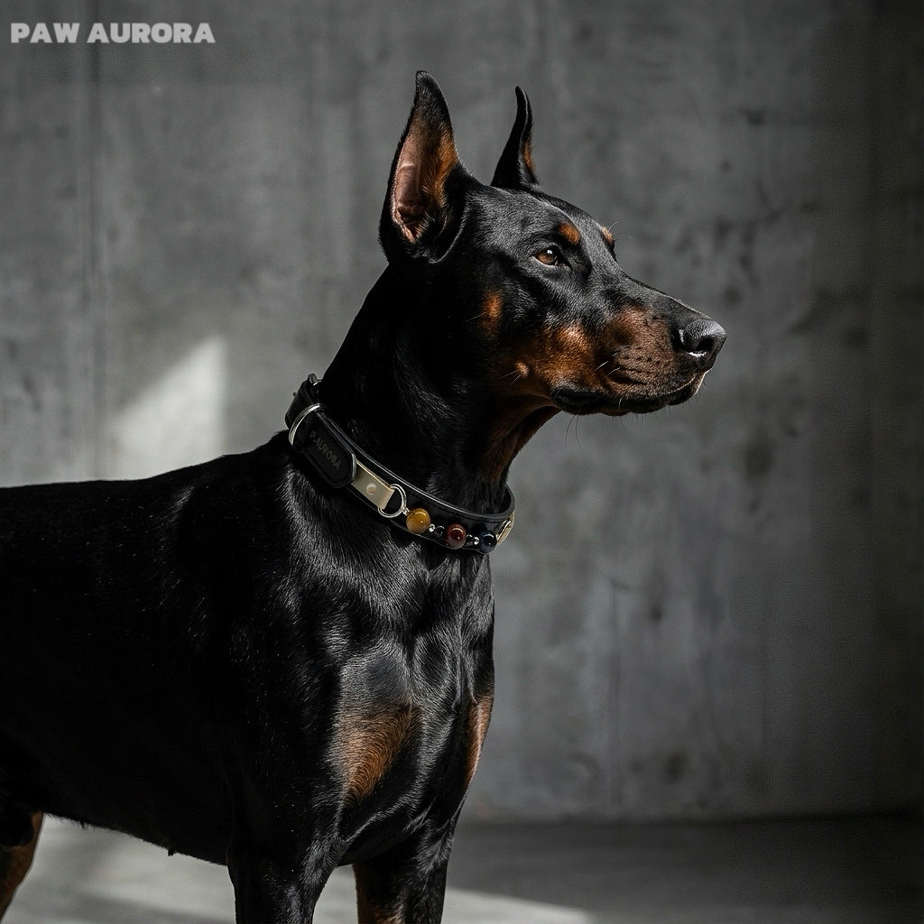 Collier pour chien PAW AURORA Twilight Abyss | Cuir noir fait main avec œil de tigre naturel et obsidienne | Collier pour animaux de compagnie à l'esthétique sombre