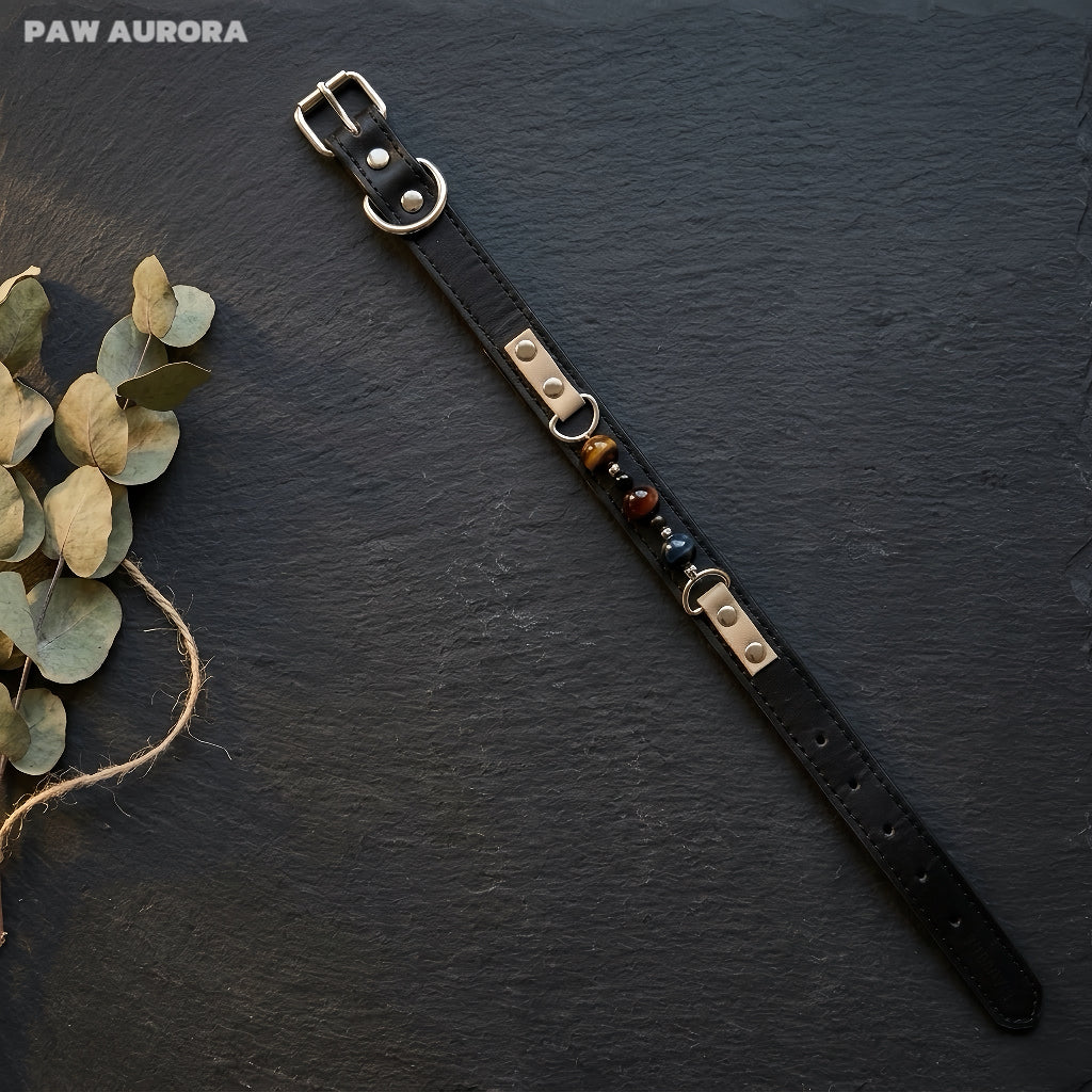 Collier pour chien PAW AURORA Twilight Abyss | Cuir noir fait main avec œil de tigre naturel et obsidienne | Collier pour animaux de compagnie à l'esthétique sombre