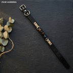 Collier pour chien PAW AURORA Twilight Abyss | Cuir noir fait main avec œil de tigre naturel et obsidienne | Collier pour animaux de compagnie à l'esthétique sombre