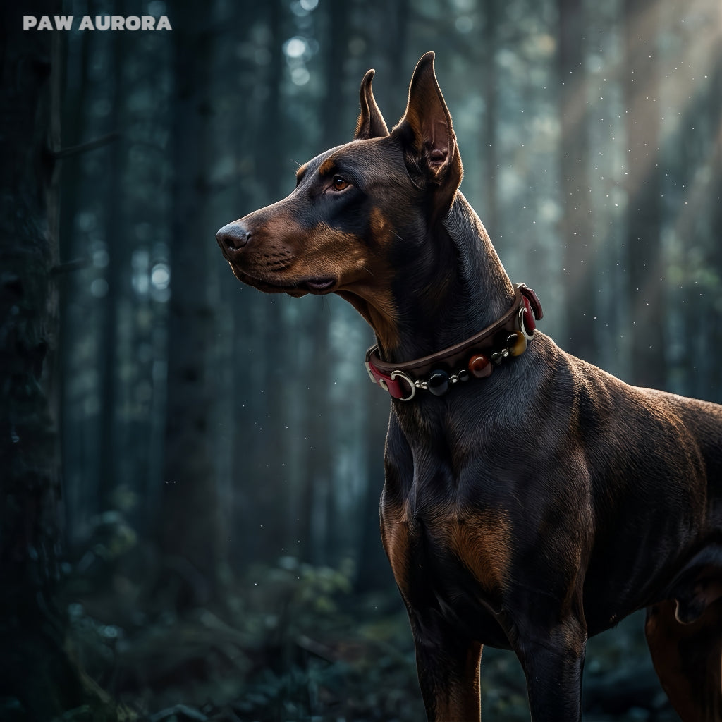 PAW AURORA Collier pour animal de compagnie en cristal Twilight Abyss | Collier de luxe gothique en cuir pour chien avec Œil de Tigre et Obsidienne naturels | Nom personnalisable | Bijoux compagnons à l'esthétique sombre