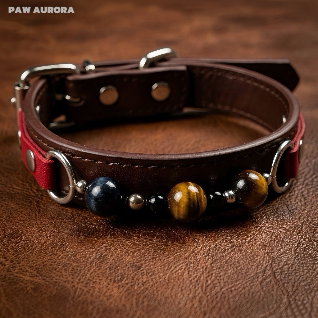 PAW AURORA Collier pour animal de compagnie en cristal Twilight Abyss | Collier de luxe gothique en cuir pour chien avec Œil de Tigre et Obsidienne naturels | Nom personnalisable | Bijoux compagnons à l'esthétique sombre