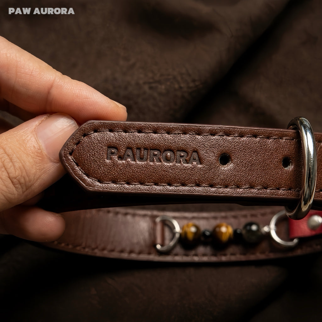 PAW AURORA Collier pour animal de compagnie en cristal Twilight Abyss | Collier de luxe gothique en cuir pour chien avec Œil de Tigre et Obsidienne naturels | Nom personnalisable | Bijoux compagnons à l'esthétique sombre