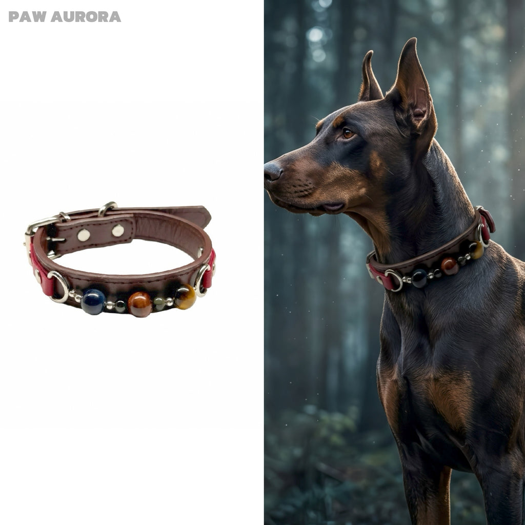 PAW AURORA Collier pour animal de compagnie en cristal Twilight Abyss | Collier de luxe gothique en cuir pour chien avec Œil de Tigre et Obsidienne naturels | Nom personnalisable | Bijoux compagnons à l'esthétique sombre