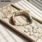 Collier pour chien fait main en cristal Paw Aurora « Ivory Spectrum » – Cuir végétalien rose et vert avec pierres précieuses naturelles