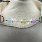 Collier pour chien fait main en cristal Paw Aurora « Ivory Spectrum » – Cuir végétalien rose et vert avec pierres précieuses naturelles