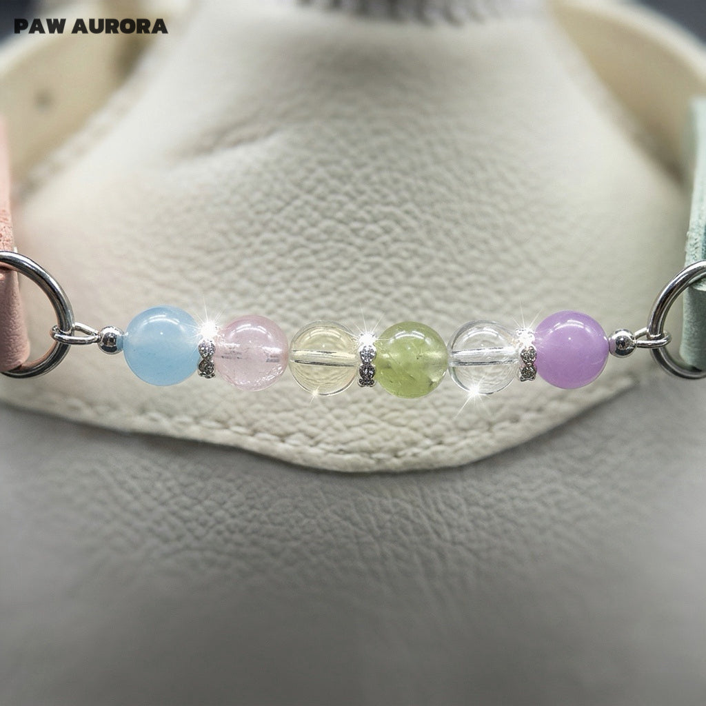 Collier pour chien fait main en cristal Paw Aurora « Ivory Spectrum » – Cuir végétalien rose et vert avec pierres précieuses naturelles