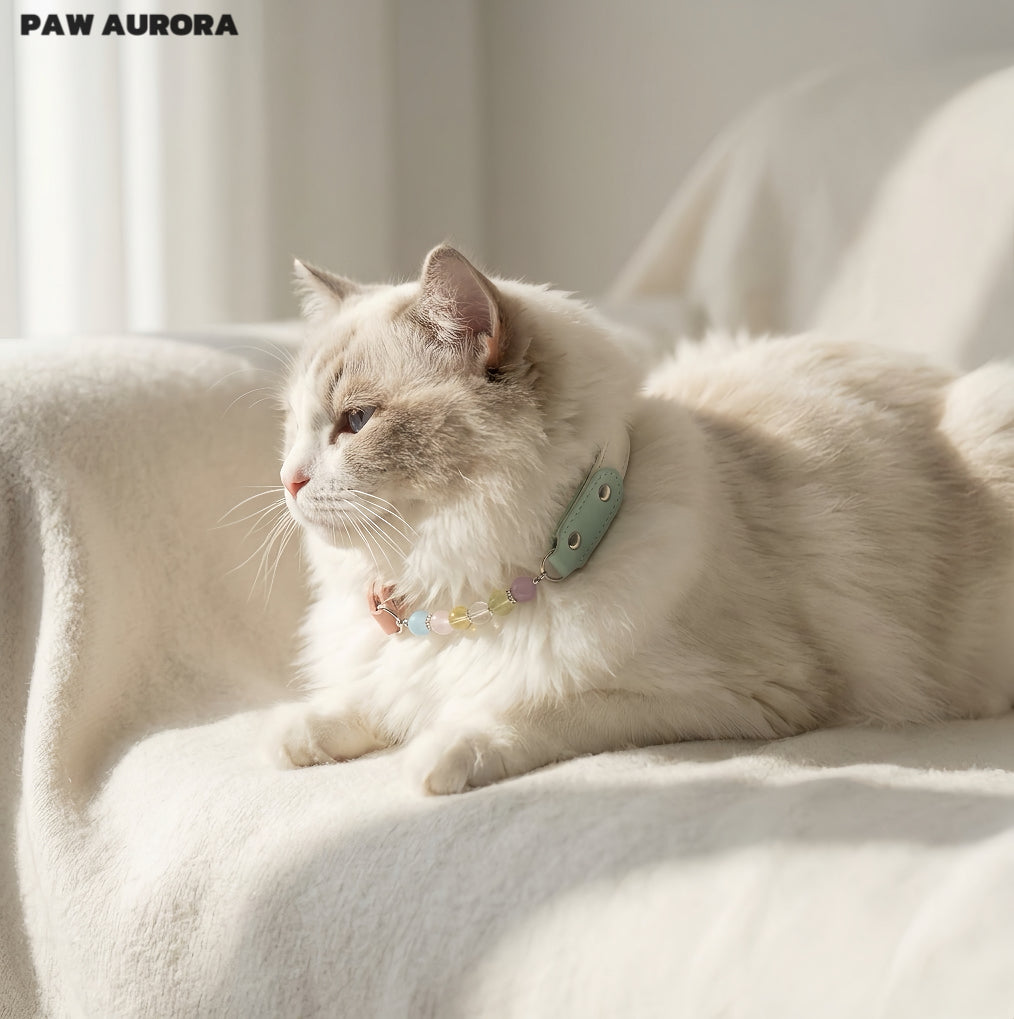 Collier pour chien fait main en cristal Paw Aurora « Ivory Spectrum » – Cuir végétalien rose et vert avec pierres précieuses naturelles