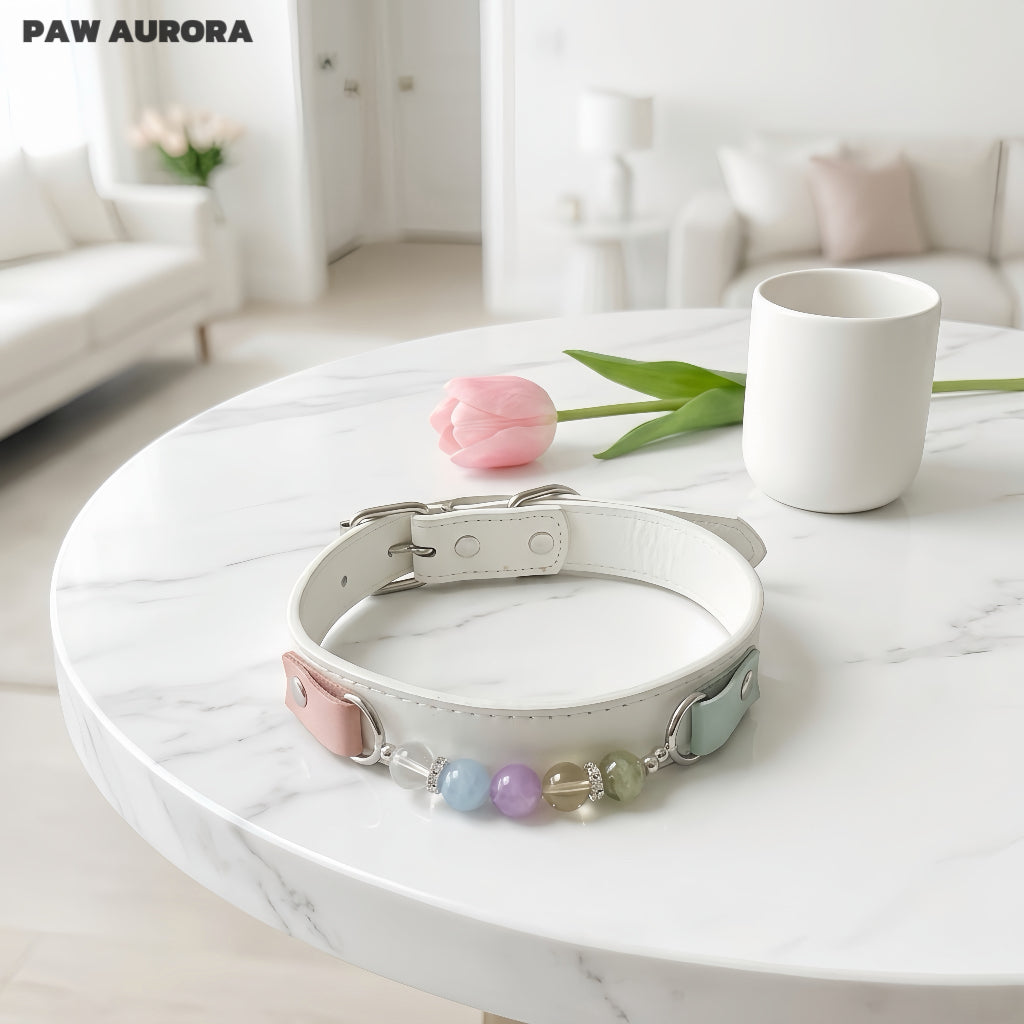 Collier en cristal fait main PAW AURORA pour chiens et chats – Collier en cuir au design original avec pierres précieuses naturelles en blanc
