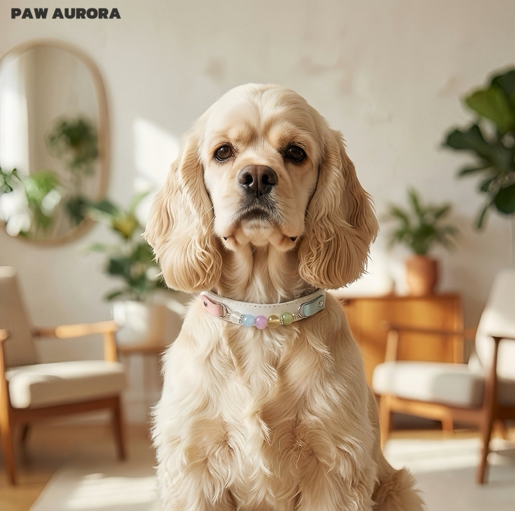 Collier en cristal fait main PAW AURORA pour chiens et chats – Collier en cuir au design original avec pierres précieuses naturelles en blanc