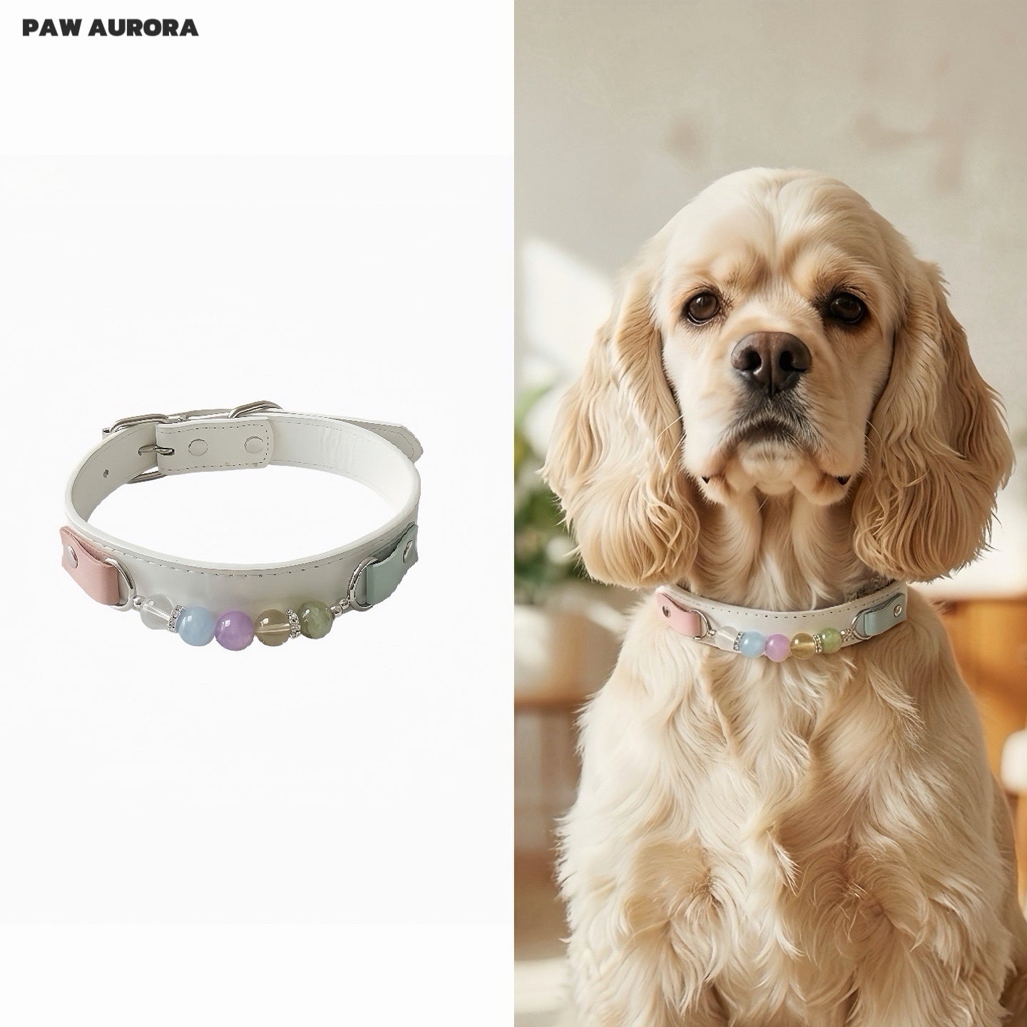 Collier en cristal fait main PAW AURORA pour chiens et chats – Collier en cuir au design original avec pierres précieuses naturelles en blanc