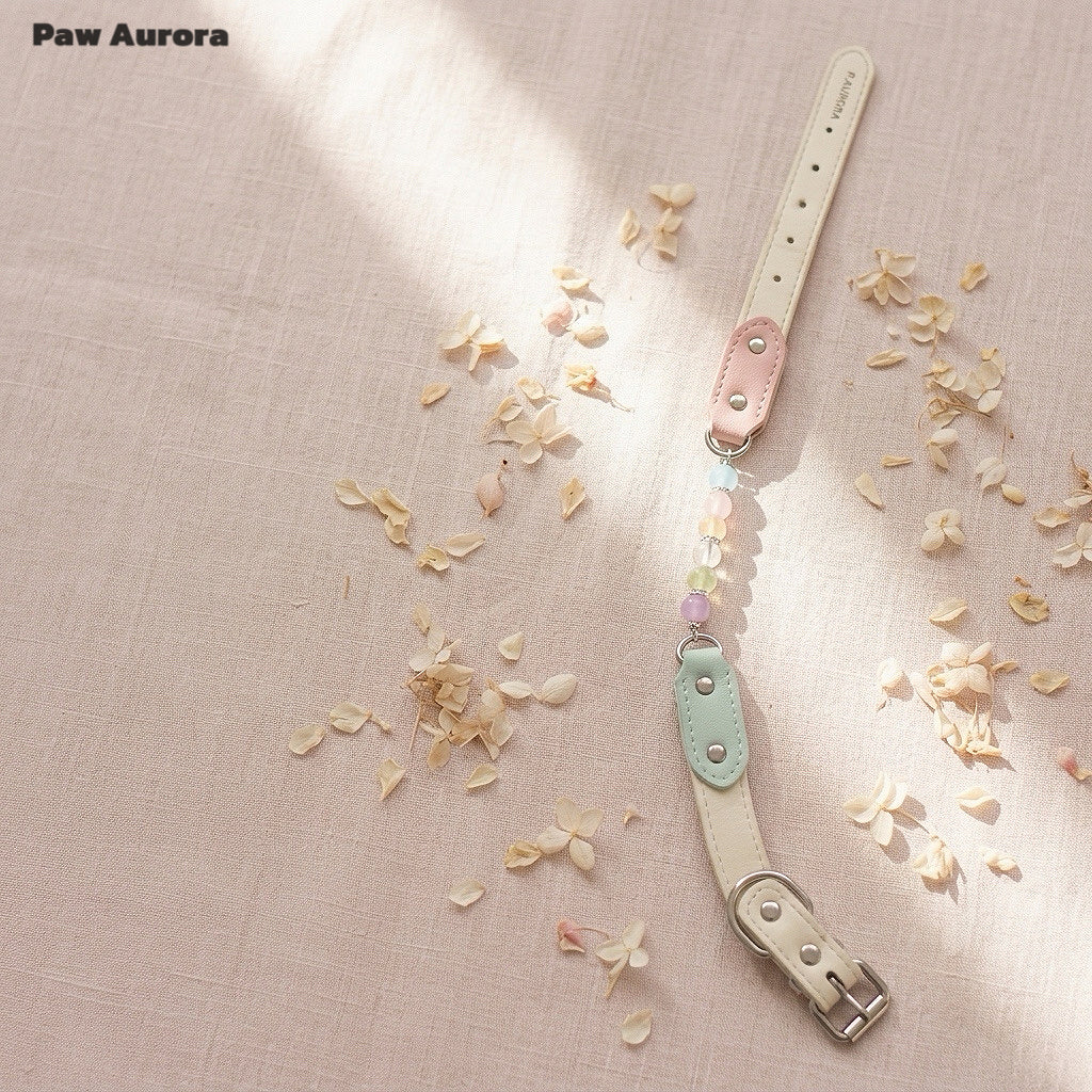 Collier pour chien fait main en cristal Paw Aurora « Ivory Spectrum » – Cuir végétalien rose et vert avec pierres précieuses naturelles